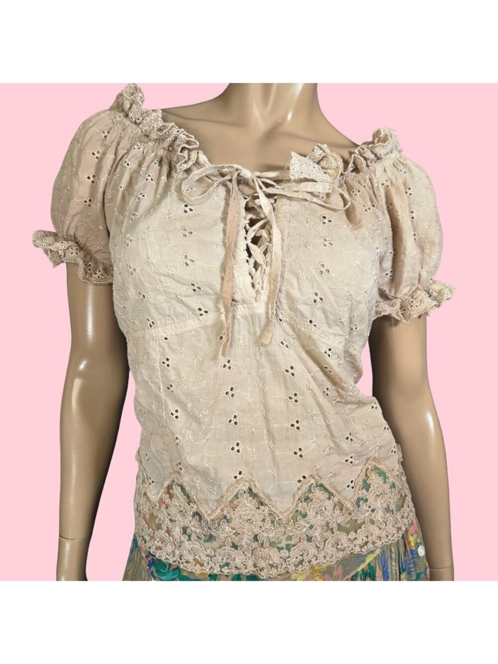 Vintage Y2K Beige Eyelet Milkmaid Lace Up Ruffled Top Blouse Size S Cotton Italy